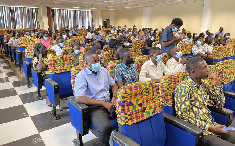 Freshers listening to advice from the Dean