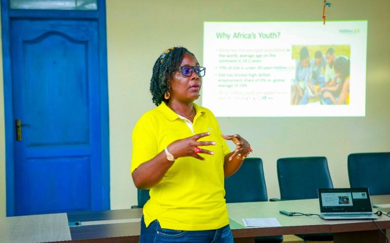 Mrs. Irene Naa Kokoi Armah, The Entrepreneurship and Business making a presentation at the event